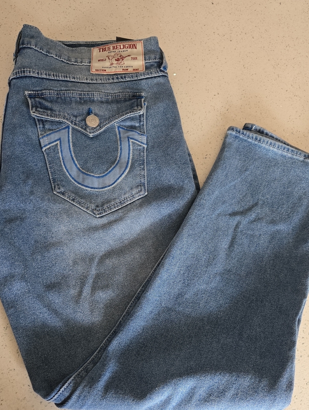 True Religion Men's Light Blue Bootcut Jeans with Signature Pocket